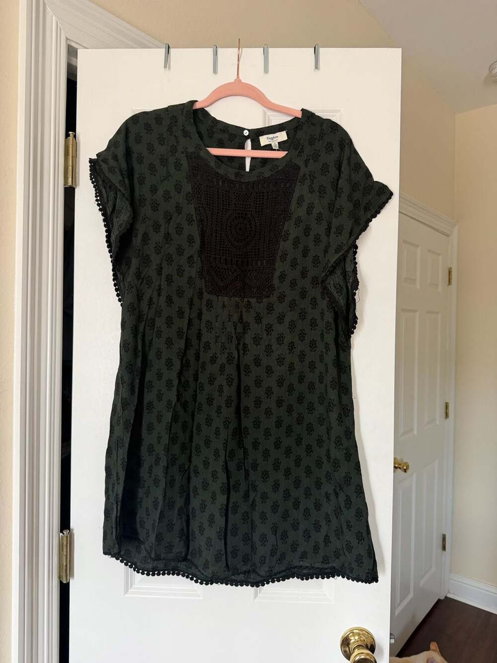Hayden Los Angeles Dark Green Floral Print Tunic Dress with Crochet Detail and P